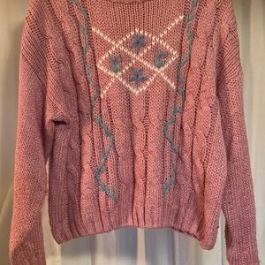 Women's Dusty Rose Knit Cable Sweater with Floral Detail